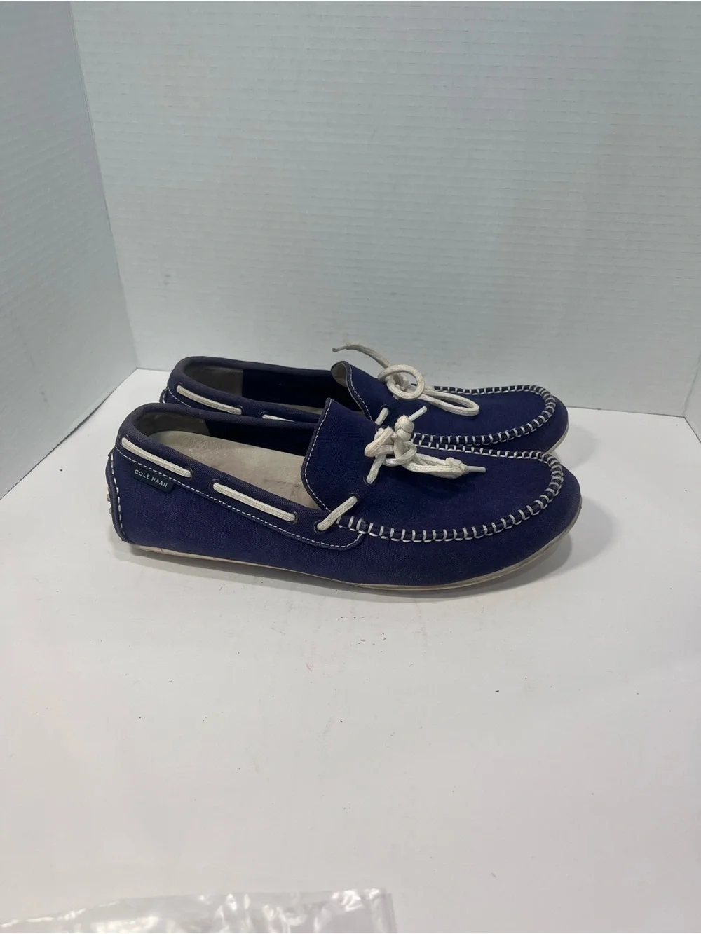 Cole Haan Navy Suede Boat Shoes with White Laces